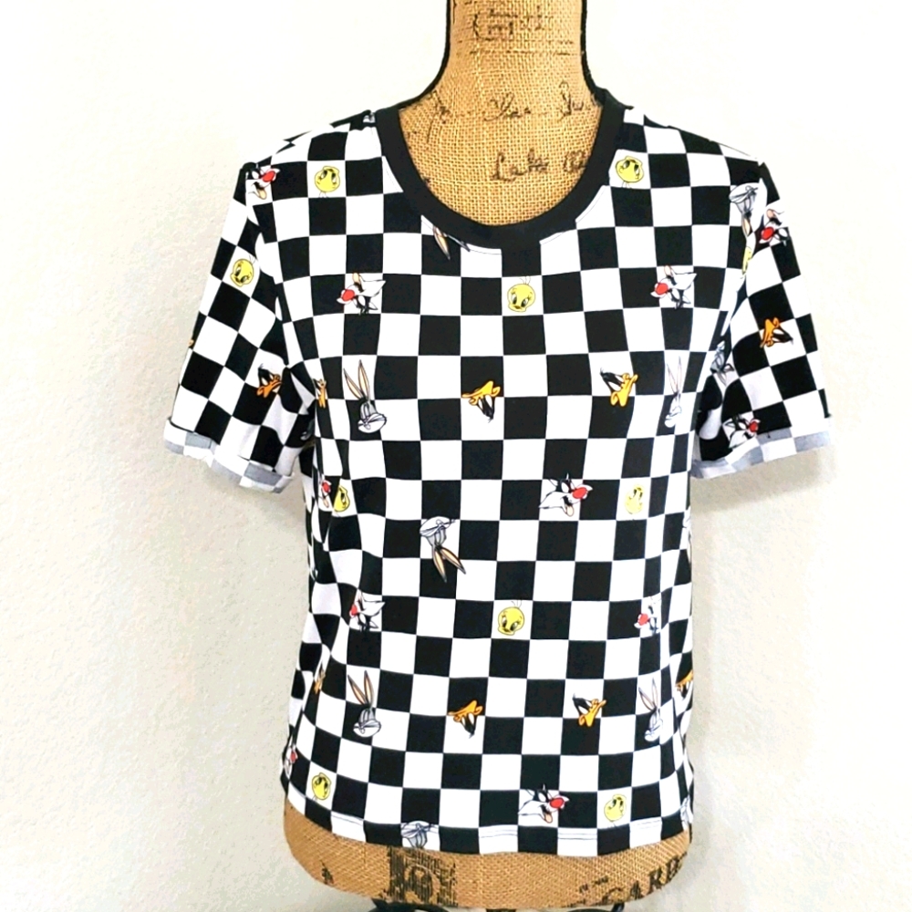 LOONEY TUNES Tweety Bugs Daffy Sylvester short sleeve checkerboard tee M 7-9